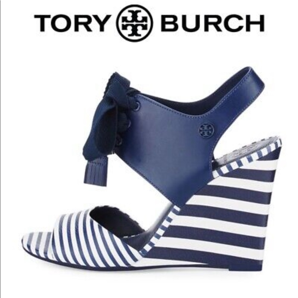 New never worn! Tory Burch maritime nautical wedge sandal size 10 navy/white